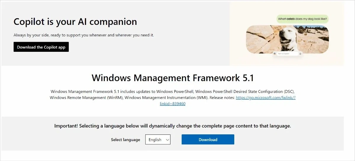 微软官网的 PowerShell 5.1 下载页面